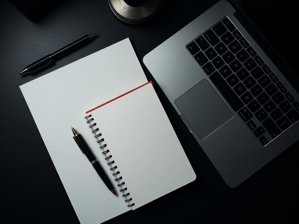 Overhead view of a notebook, pen, and laptop on a dark surface